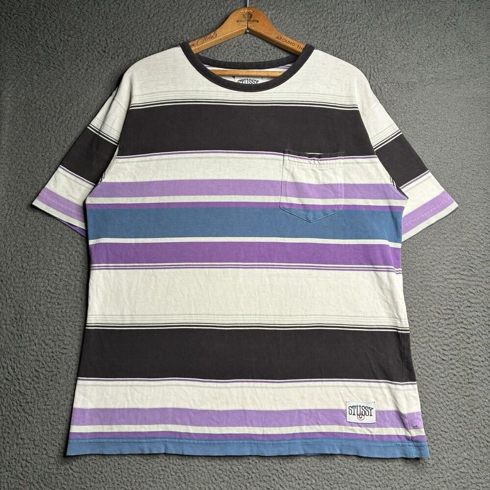 Vintage Stussy Striped Pocket T Shirt Mens Medium Skate Surf Distressed